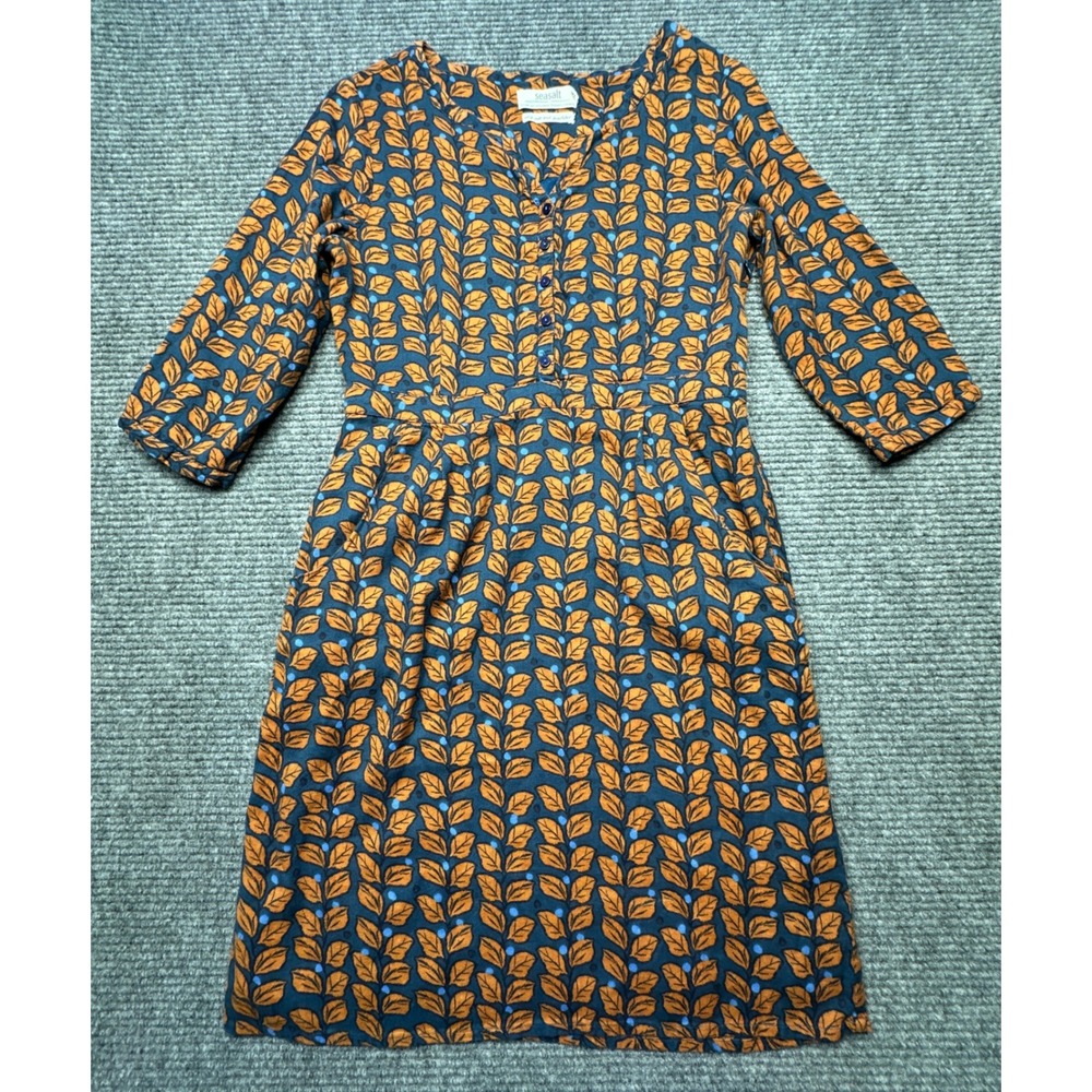 Seasalt Bunting Dress Women 12 Blue Orange Leaf Print 3/4 Sleeve Cotton Blend